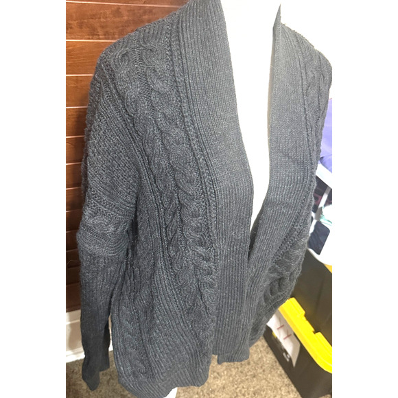 Gap Gray Cardigan Sweater Womens L Cable Knit Wool Alpaca blend chunky open - Picture 2 of 7